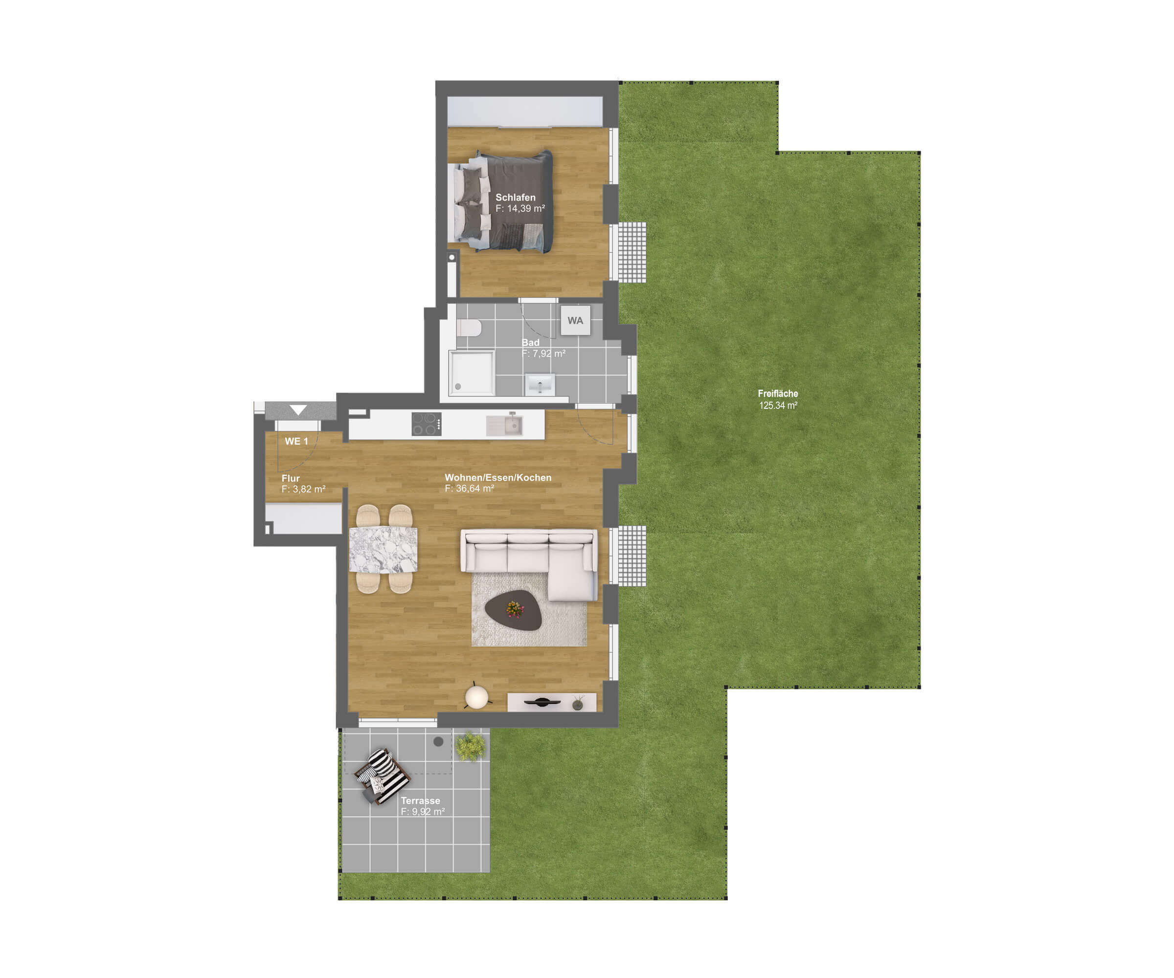 Kleinere Wohnung (62.77 m2) mit Blick auf den Innenhof mit Rasenfläche (125.34 m2) undTerrasse (9.92 m2) in Villa Ohöchstadter 45, Oberursel, Deutschland