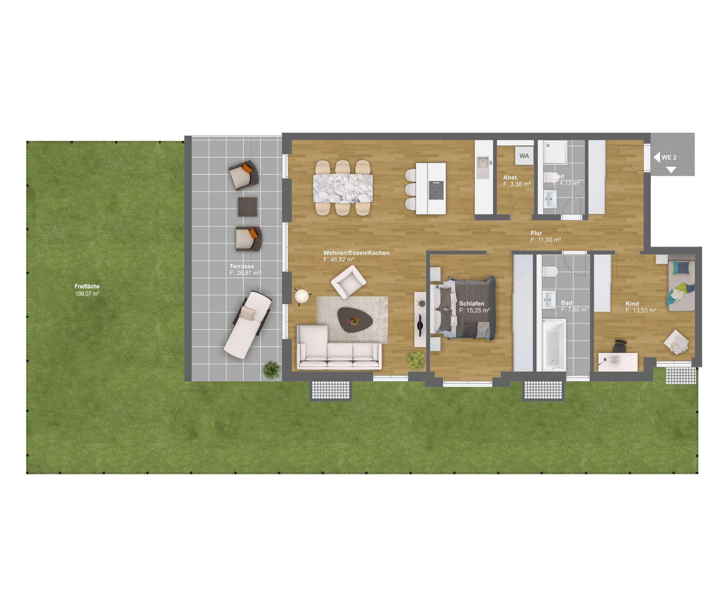 Große Wohnung (101.71 m2) mit Blick auf den Innenhof mit Rasenfläche (189.07 m2) und große Terrasse (26.87 m2) in Villa Ohöchstadter 45, Oberursel, Deutschland