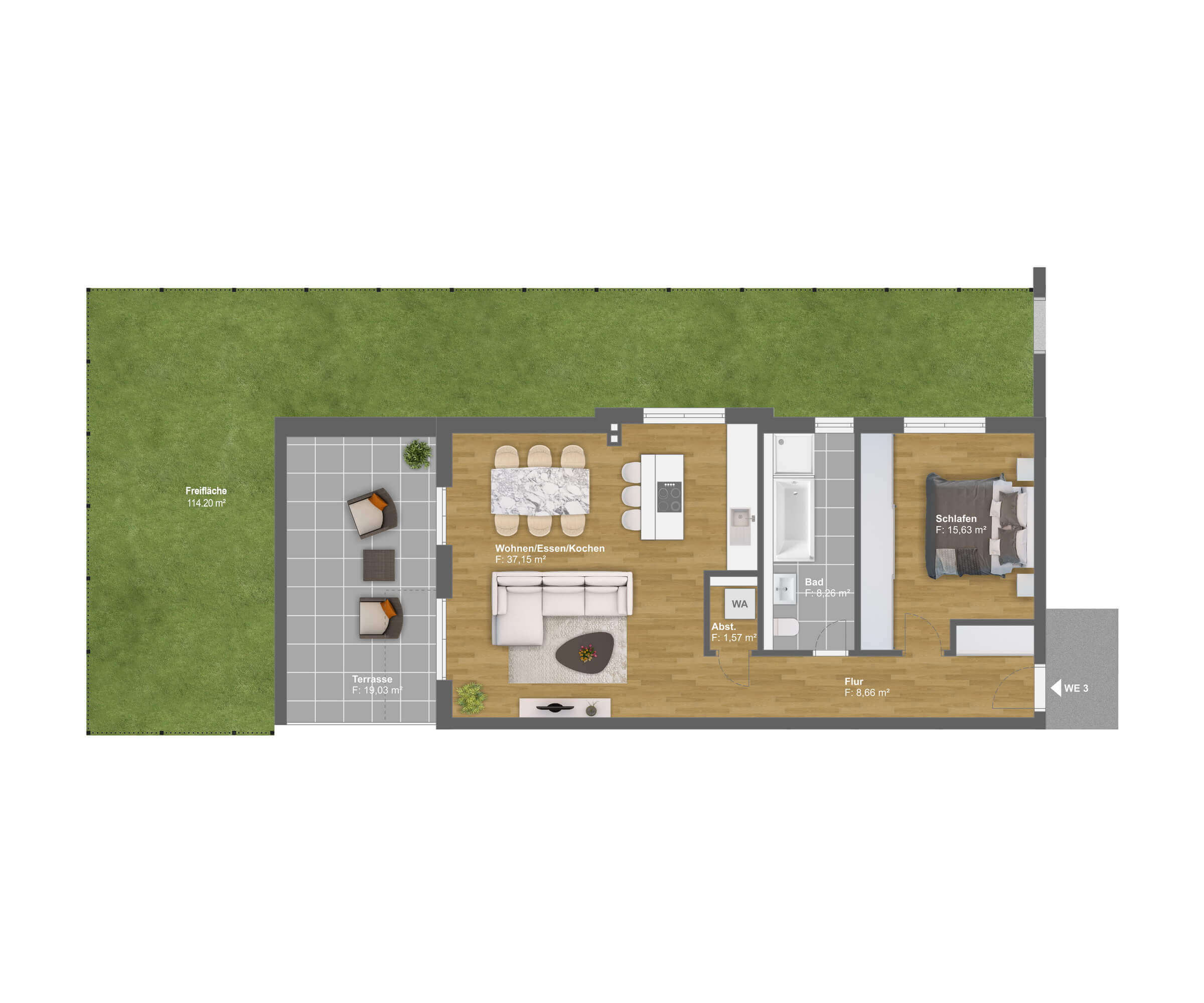 Größere Wohnung (71.27 m2) mit Blick auf den Innenhof mit Rasenfläche (114.20 m2) und Terrasse (19.03 m2) in Villa Ohöchstadter 45, Oberursel, Deutschland